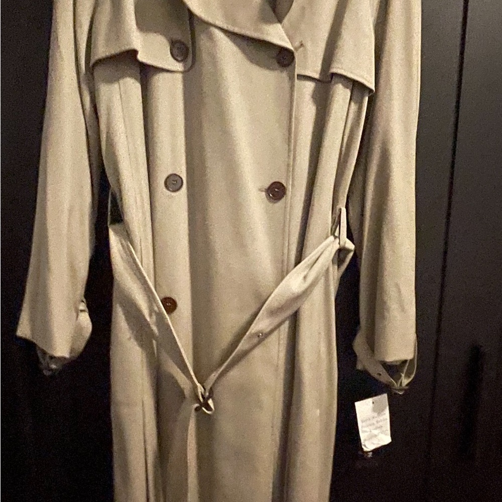 ANNE KLEIN LONG CLASSIC BELTED DOUBLE-BREASTED MILITARY TAN TRENCH COAT